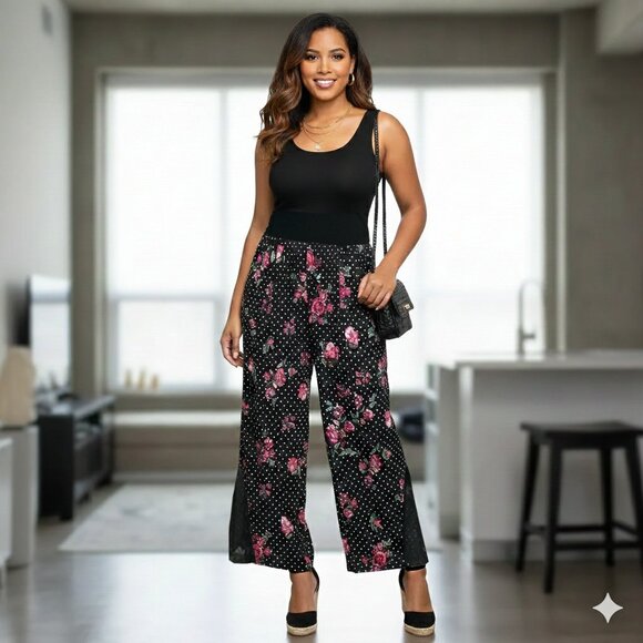 Gorgeous Robert Louis High-waisted Floral Polka Dot Lace palazzo style pants L - Picture 1 of 5